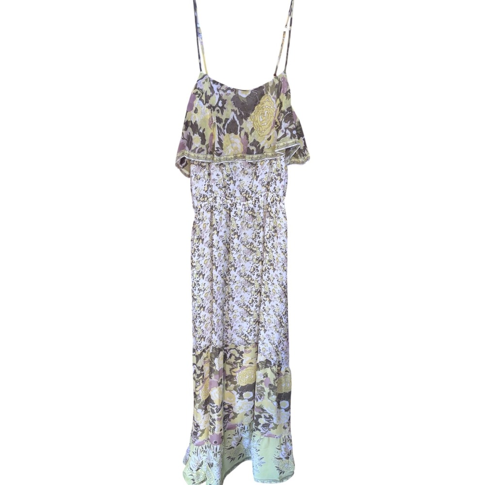 Joie Silk Mixed Floral Print Tiered Maxi Dress Yellow Green Brown Size Med - Picture 4 of 12